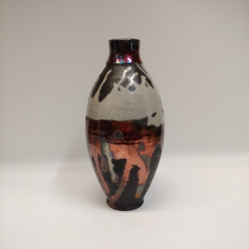 Click to view detail for #221191 Raku Vase Black/White/Copper 9x4 $22